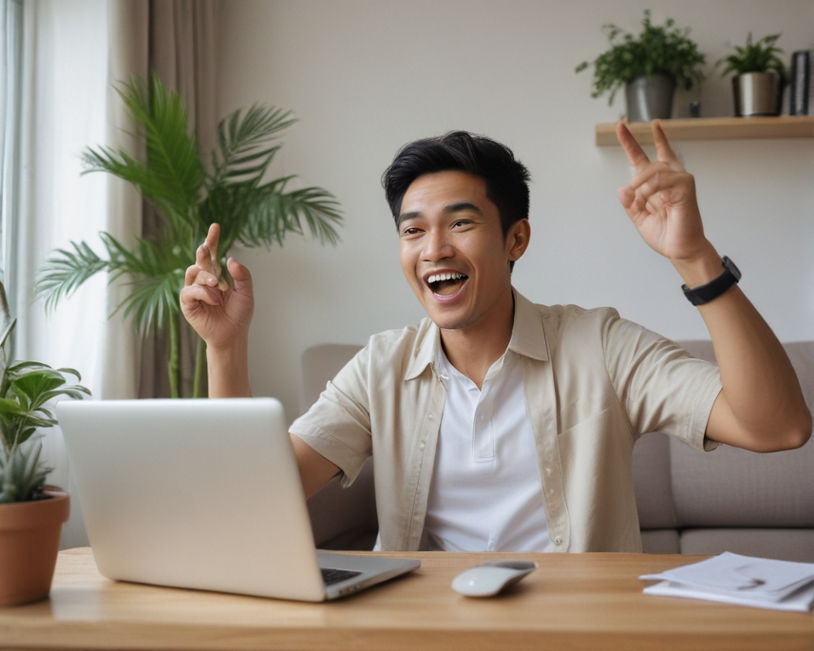 A smiling Indonesian man sitting with a laptop, his hand raised in cheer.