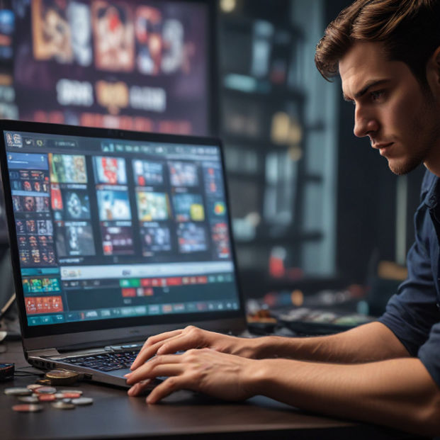 A focused gamer sits at a desk, intently trading Top Player Poker Coins on a laptop screen.