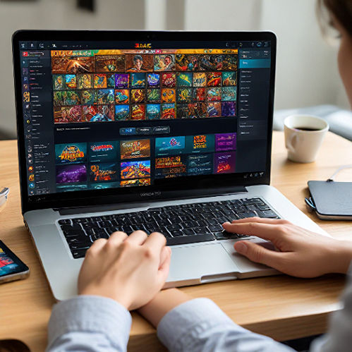 A person sitting at a desk, focused on a laptop screen displaying the Sule Slot website with vibrant slot game graphics and a visible Spin button, suggesting active gameplay.