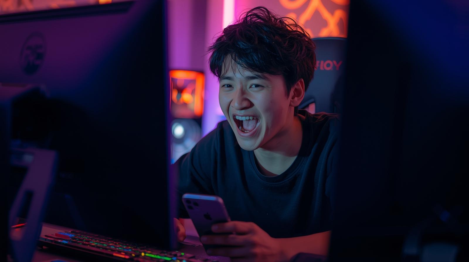 Excited young gamer celebrates in neon-lit room while playing on blurred PC.
