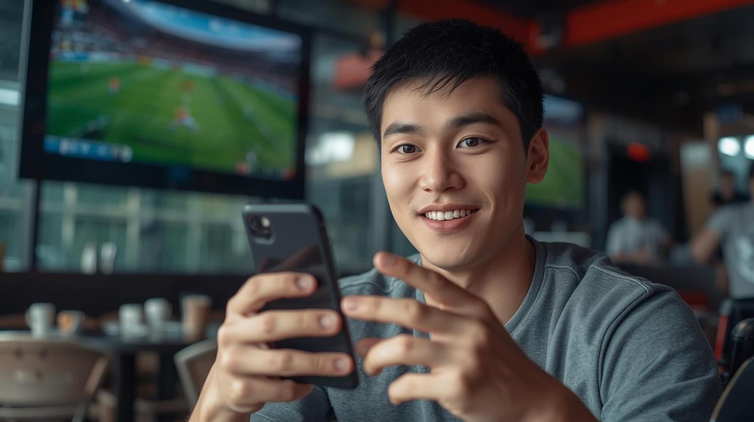 Excited man checks live match on smartphone celebrating a strategic winning sports bet.